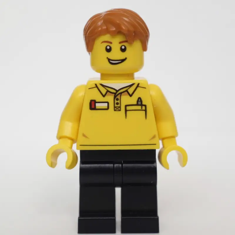 LEGO Employee, Yellow Shirt, Black Legs, Dark Orange Hair