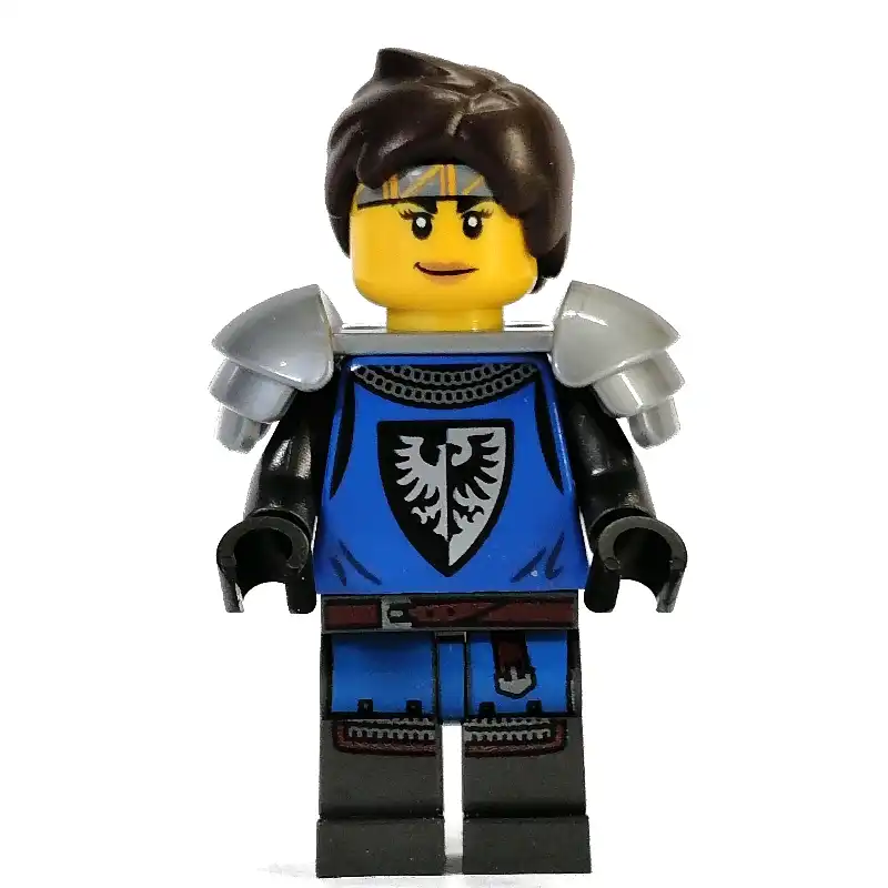 Black Falcon Knight, Female - Blue Torso, Pearl Dark Gray Legs, Dark Brown Hair, Flat Silver Shoulderguard