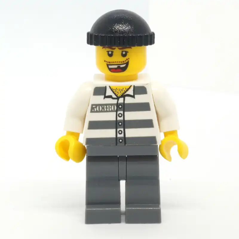 Criminal, Prison Shirt with #50380, Dark Bluish Gray Legs, Black Hat, Missing Tooth