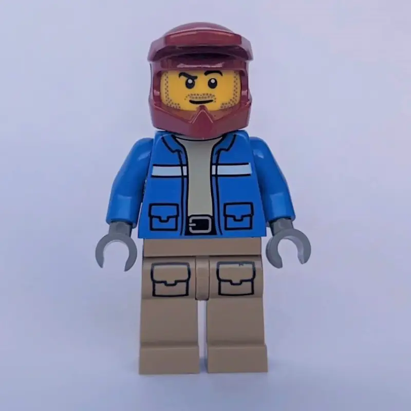 Man, Blue Jacket, Dark Red Dirt Bike Helmet