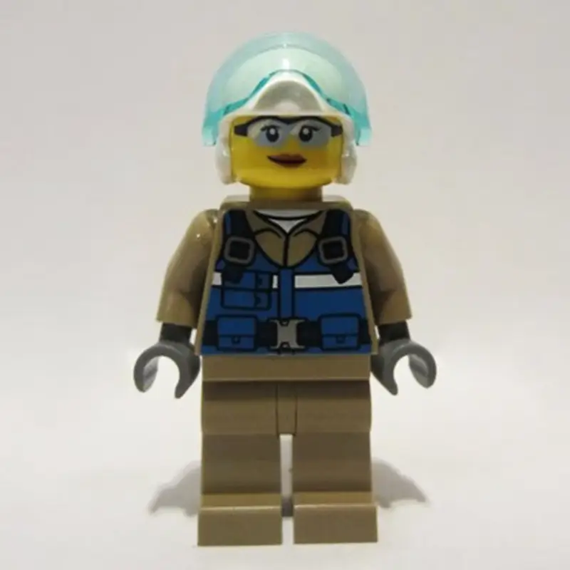 Woman, Helicopter Pilot, Blue Vest over Dark Tan Shirt