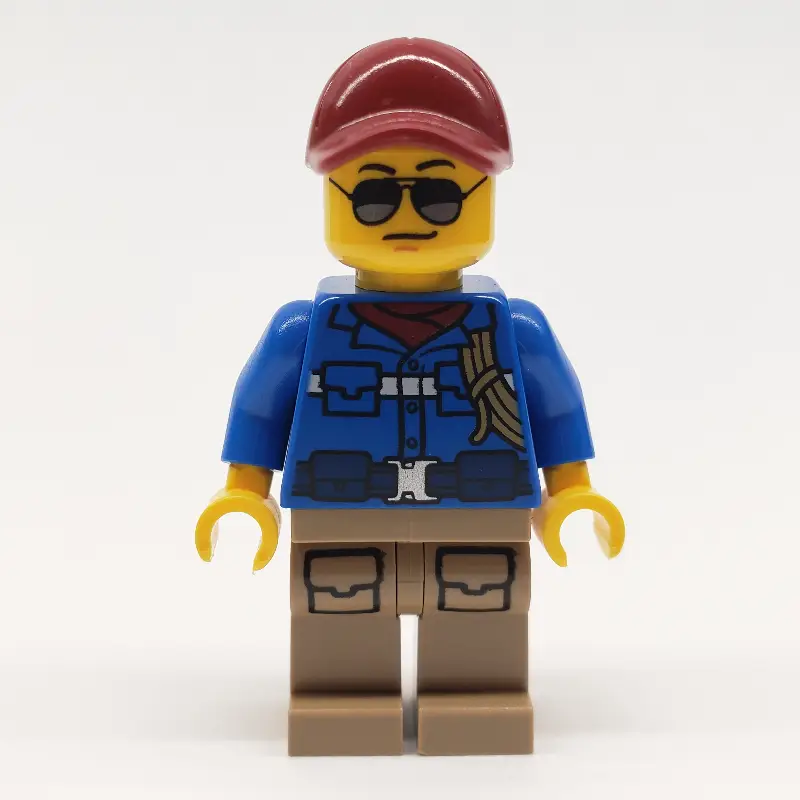 Man, Blue Jacket, Dark Red Cap, Sunglasses