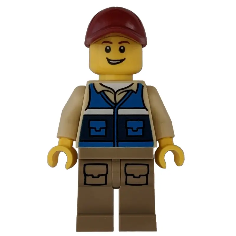 Man, Blue Vest, Dark Tan Legs, Dark Red Cap