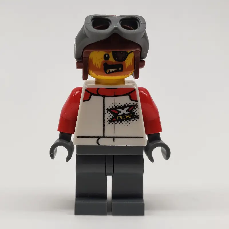 Stunt Rider, White Race Jacket, Dark Bluish Gray Legs, Reddish Brown Helmet