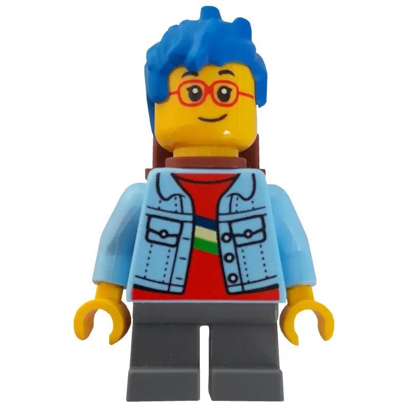 Boy, Bright Light Blue Jacket, Blue Hair, Reddish Brown Backpack