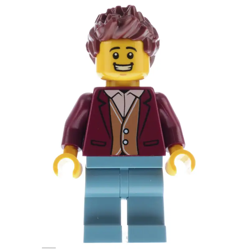 Man, Dark Red Jacket, Sand Blue Legs