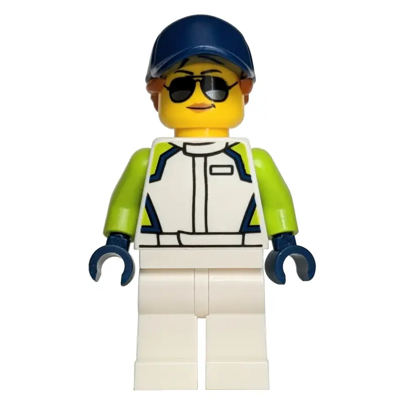 Racer, White Race Suit, Dark Blue Cap, Sunglasses