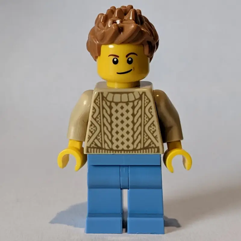 Man, Tan Sweater, Medium Blue, Medium Nougat Hair