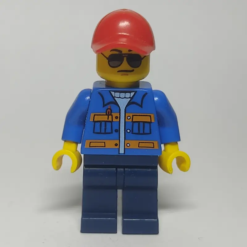 Man, Blue Jacket with Orange Stripes, Dark Blue Legs, Red Cap, Sunglasses - No Backprint