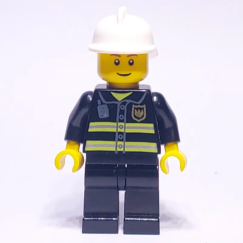 Fireman, Black Fire Jacket with Radio and Badge, White Helmet, Reddish Brown Eyebrows (3626c Head)