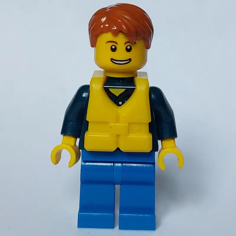 Man, Dark Blue Plaid Shirt, Blue Legs, Dark Orange Hair, Yellow Life Vest