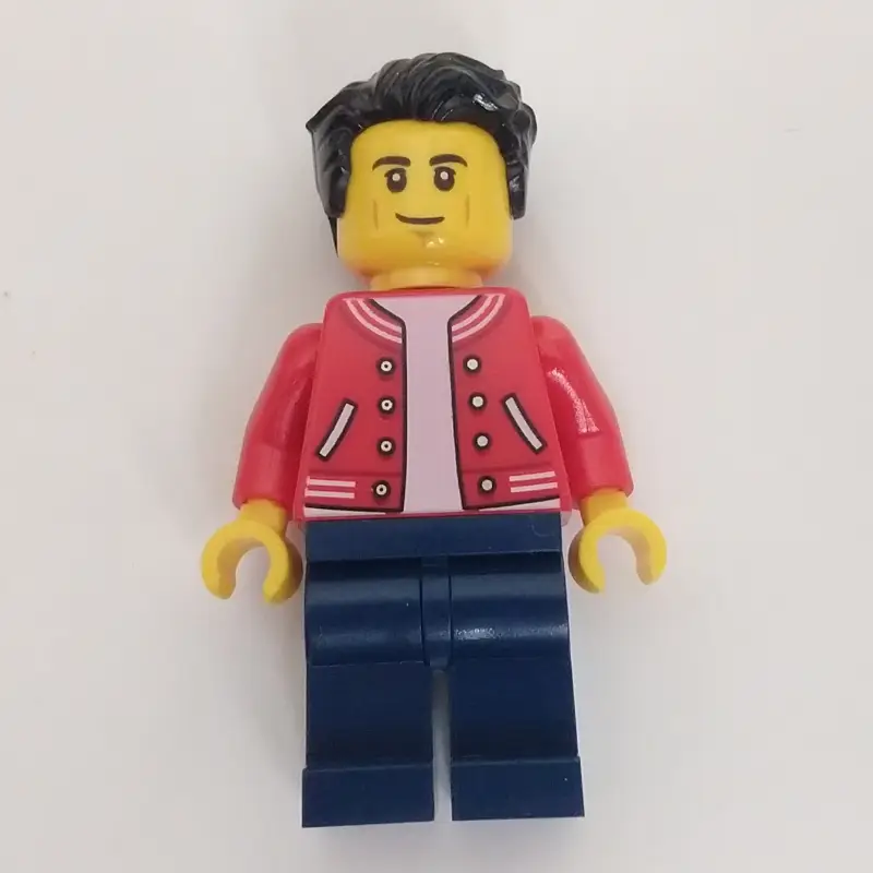 Man, Red Letterman Jacket, Dark Blue Legs