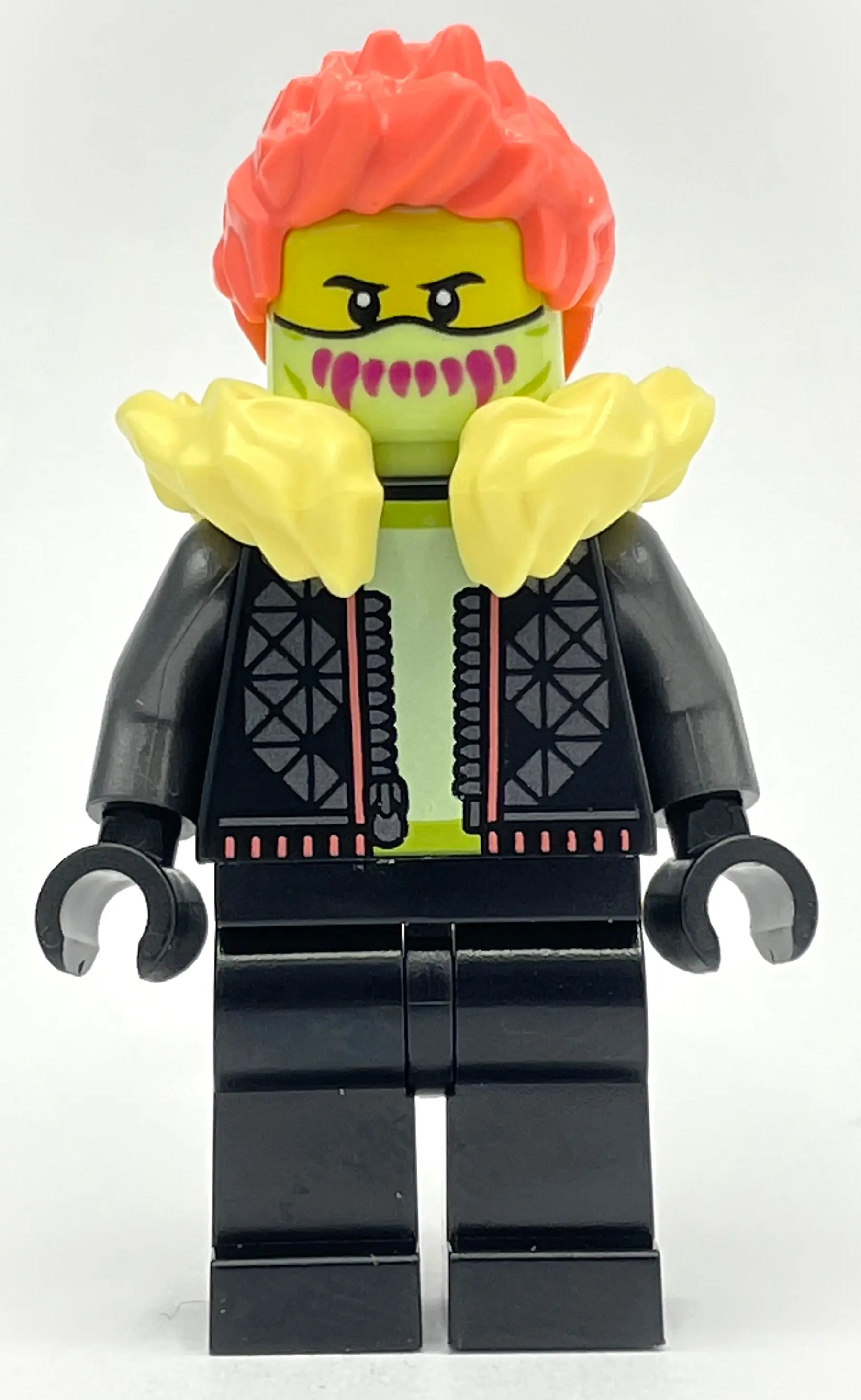 Black Torso, Black Legs, Bright Light Yellow Fur Collar, Coral Hair