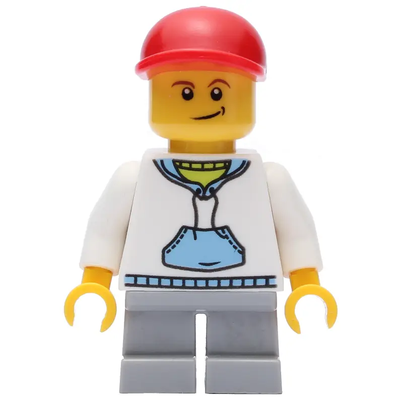 Boy, White and Blue Hoodie, Short Light Bluish Gray Legs, Red Cap (3626c Head)