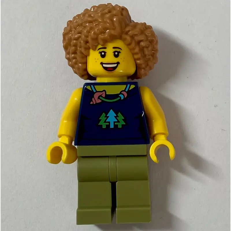 Woman, Dark Blue Top, Olive Green Legs, Medium Nougat Hair