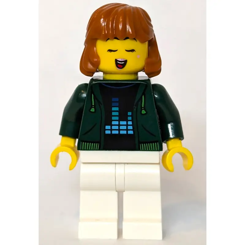 Woman, Dark Green Jacket, White Legs, Dark Orange Hair