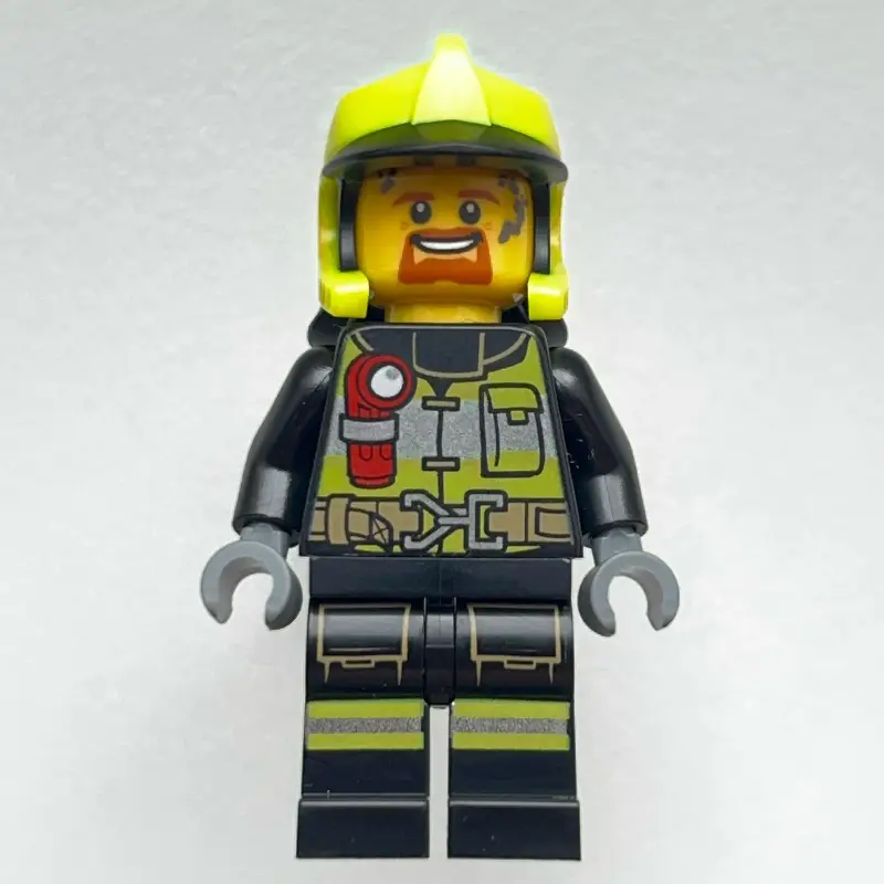 Firefighter, Black Fire Suit with Red Flashlight, Vibrant Yellow Helmet