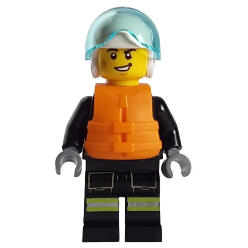 Firefighter, Black Fire Suit, Orange Life Vest, White Helmet