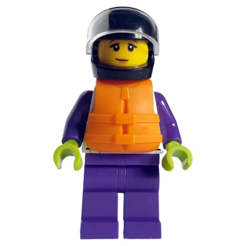 Boat Racer, White and Dark Purple Race Suit, Orange Life Vest, Black Helmet