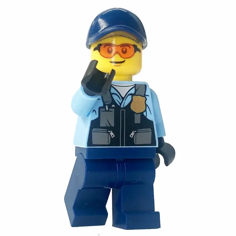 Police Officer, Bright Light Blue Shirt, Dark Blue Vest, Legs, and Cap