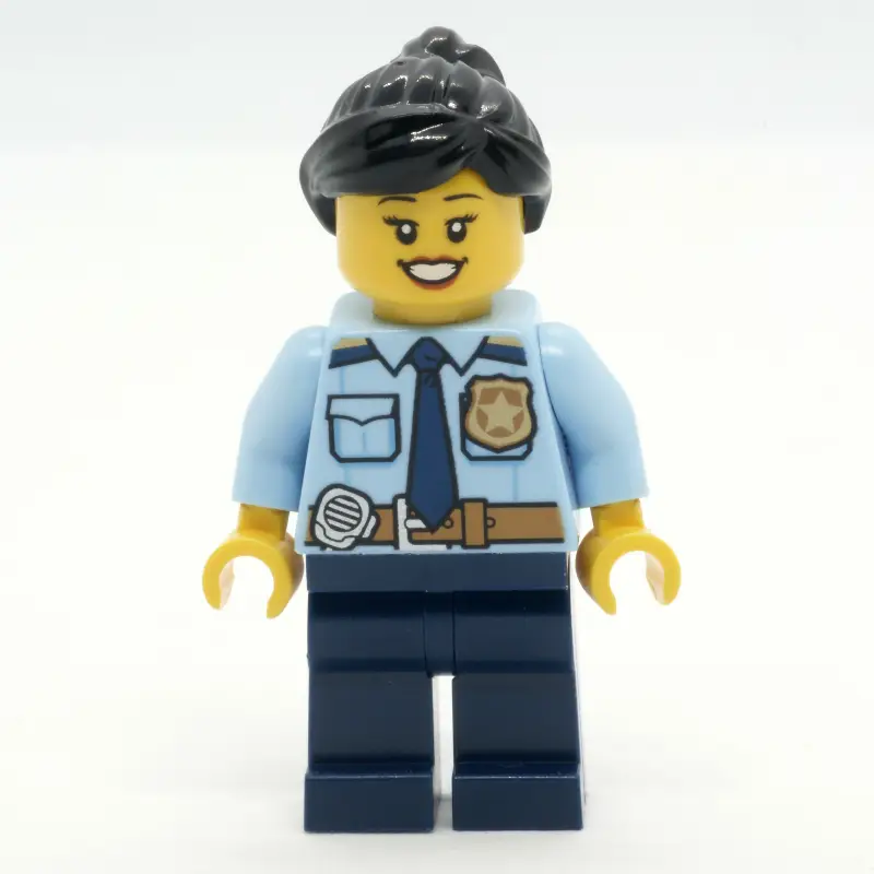 Police Officer, Bright Light Blue Shirt with Police Badge, Dark Blue Legs, Reddish Brown Ponytail