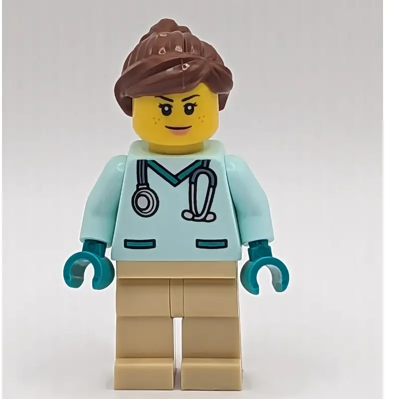 Vet, Light Aqua Shirt, Tan Legs, Reddish Brown Ponytail