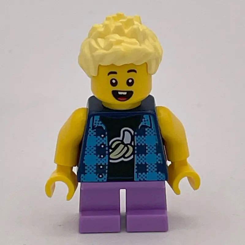 Boy, Dark Blue Banana Shirt, Short Medium Lavender Legs