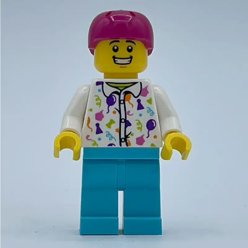 Man, White Shirt with Balloons, Medium Azure Legs, Magenta Helmet