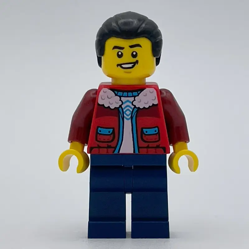 Man, Red Jacket, Dark Blue Legs, Black Hair