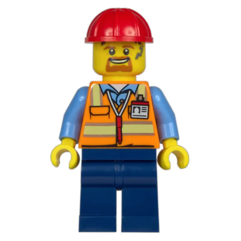Construction Worker, Orange Safety Vest, Dark Blue Legs, Red Hard Hat, Goatee