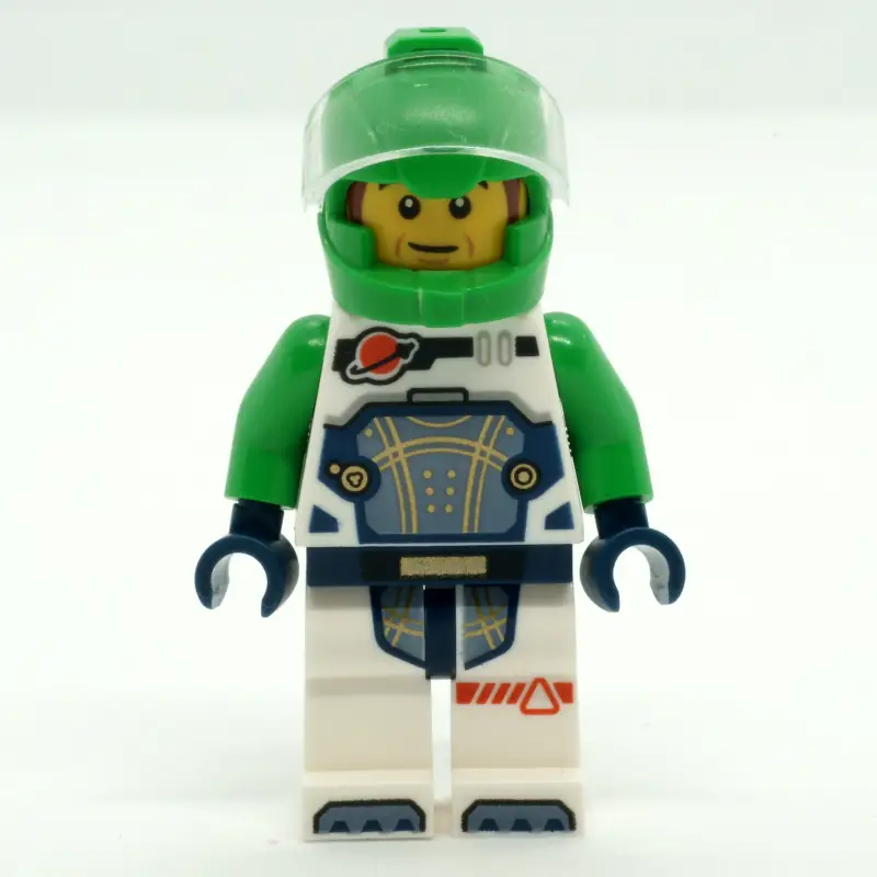 Astronaut, White Spacesuit, Bright Green Helmet, Reddish Brown Sideburns