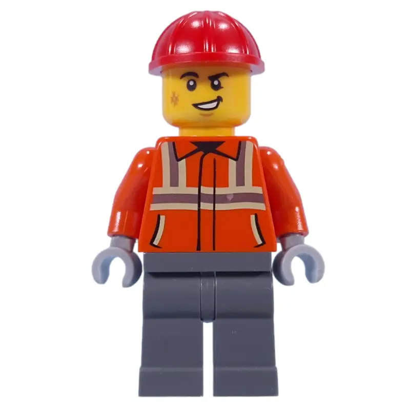 Construction Worker, Reddish Orange Jacket, Red Hard Hat