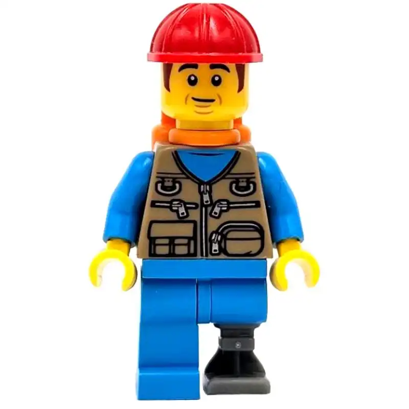 Train Work, Dark Tan Torso, Dark Azure Legs, Prosthetic Leg, Red Hat, Orange Air Tanks