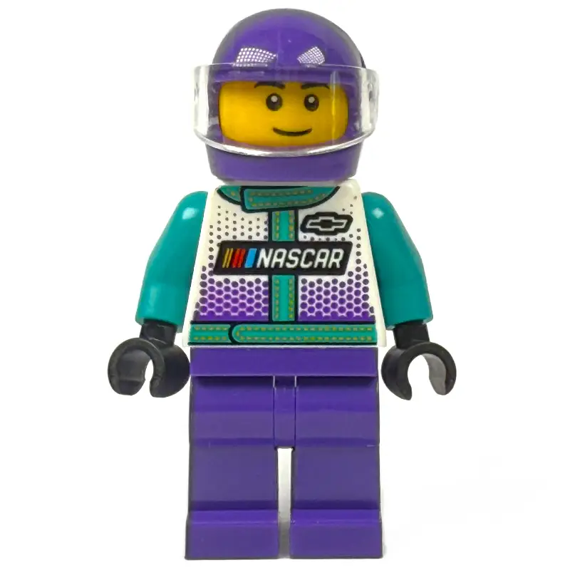 Race Driver, Dark Turquoise, White, and Dark Purple Race Suit, Dark Purple Helmet