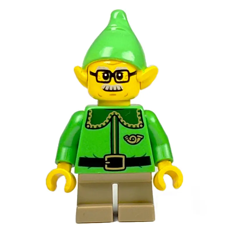 Elf / Postal Elf - Bright Green Torso, Dark Tan Legs, Bright Green Hat, Glasses and Moustache