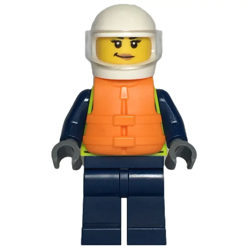 Police Officer, Vibrant Yellow Safety Vest, Dark BLue Legs, Orange Life Vest, White Helmet