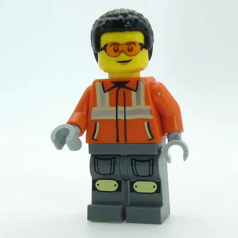 Construction Worker, Reddish Orange Jacket, Black Hair