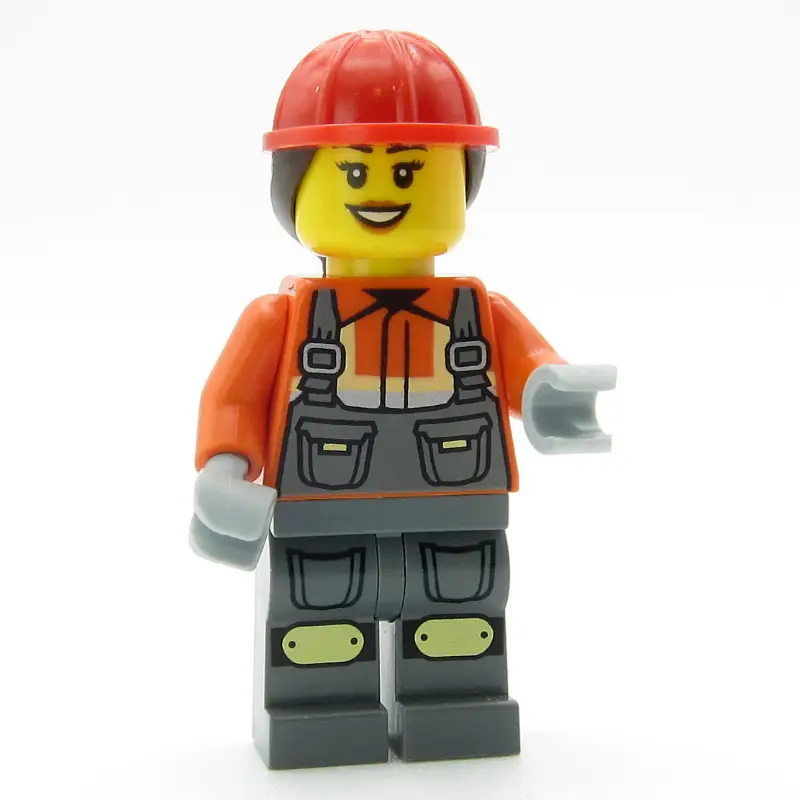 Construction Worker, Reddish Orange Jacket, Overall, Red Hard Hat with Hair