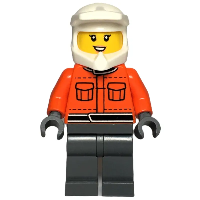 Pit Crew, Reddish Orange Torso, Dark Bluish Grey Legs, Female, Smile