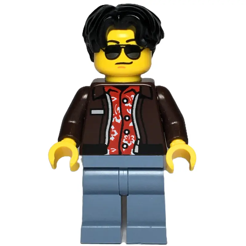 Car Driver, Dark Brown Jacket, Sand Blue Legs