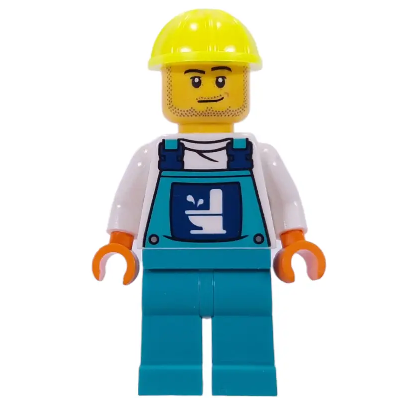 Plumber, White Shirt, Dark Turquoise Overall, Vibrant Yellow Hat