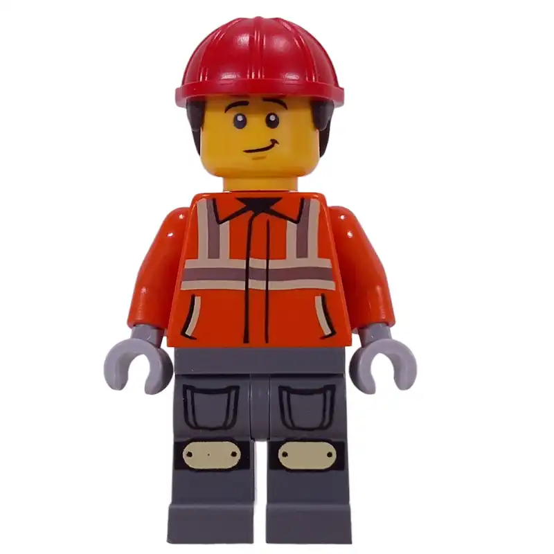 Construction Worker, Reddish Orange Safety Jacket, Dark Bluish Gray Legs, Red Helmet