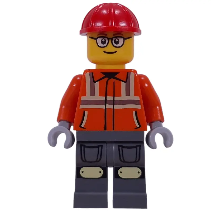 Construction Worker, Reddish Orange Safety Jacket, Overalls, Red Helmet, Reddish Brown Hair