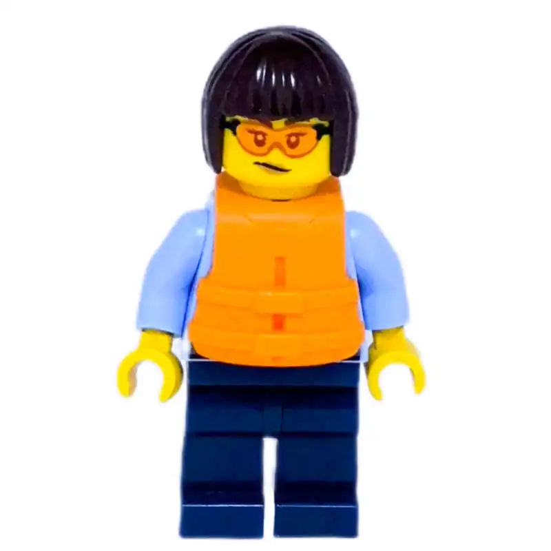 Police Officer, Bright Light Blue Shirt, Dark Blue Legs, Orange Life Jacket