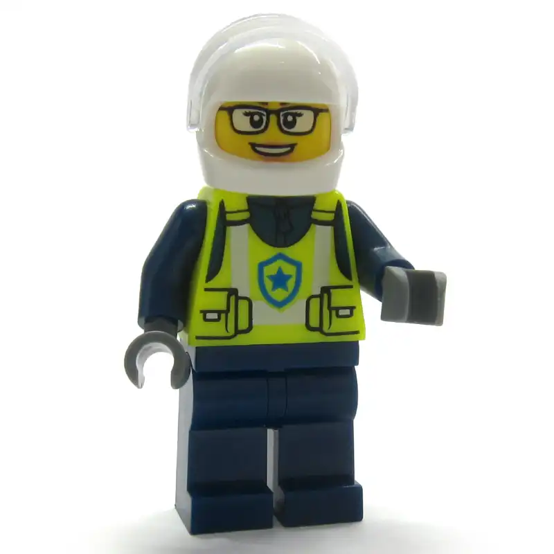 Police Officer, Vibrant Yellow Safety Vest, Dark Blue Legs, White Helmet