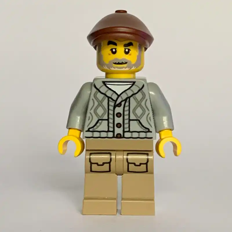 Man, Old, Light Bluish Grey Torso, Dark Tan Legs, Reddish Brown Cap