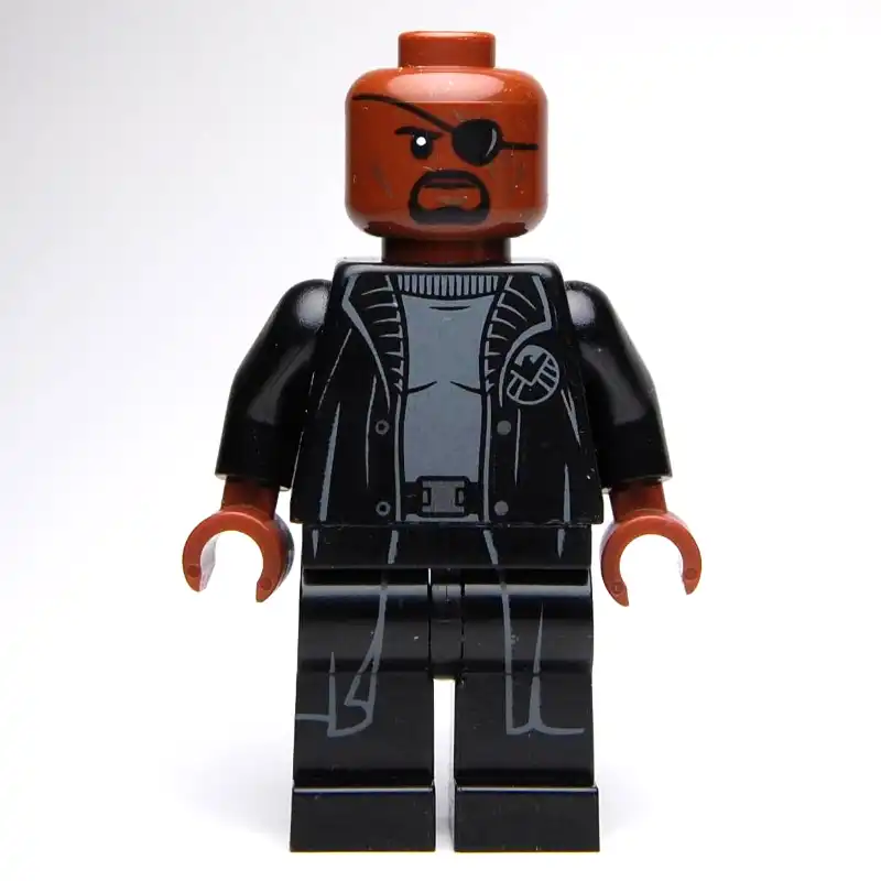 Nick Fury in Long Black Coat Over Gray Sweater, No Line on Hips
