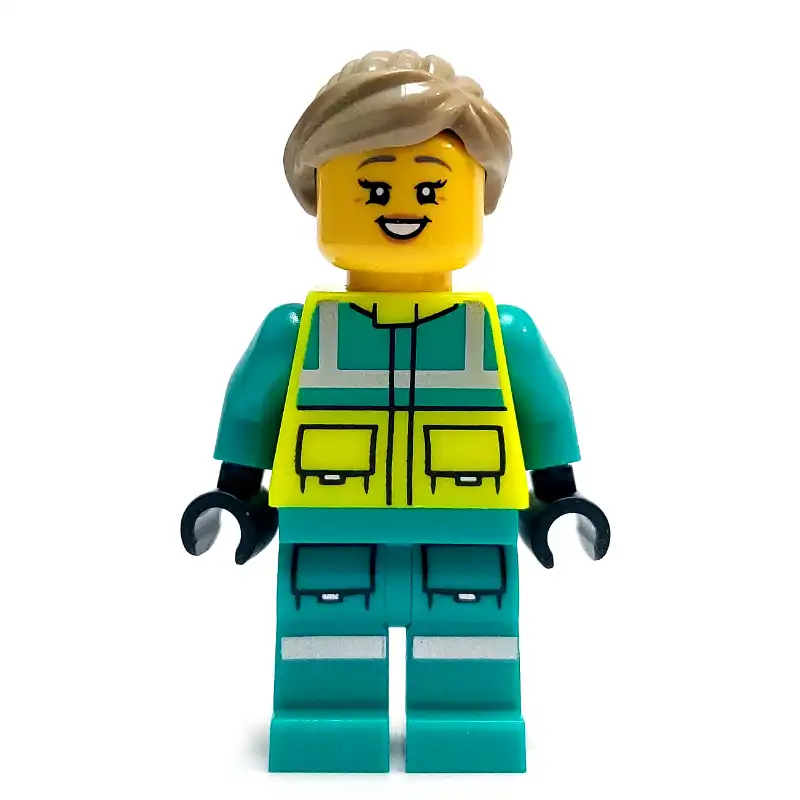 Paramedic, Vibrant Yellow Safety Vest, Dark Turquoise Legs, Dark Tan Hair