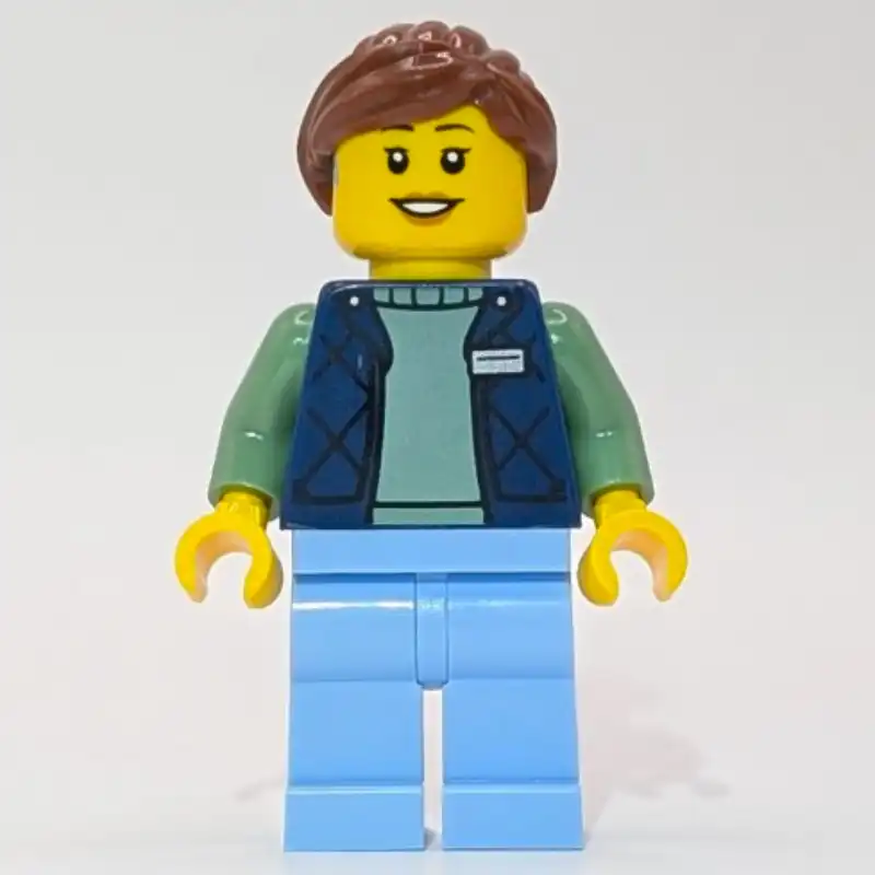 LEGO Employee, Dark Blue Torso, Bright Light Blue Legs, Reddish Brown Hair