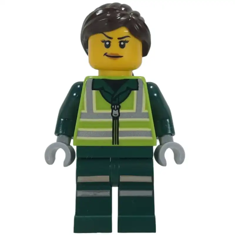 Recycling Worker, Lime Safety Vest, Dark Green Legs, Dark Brown Hair